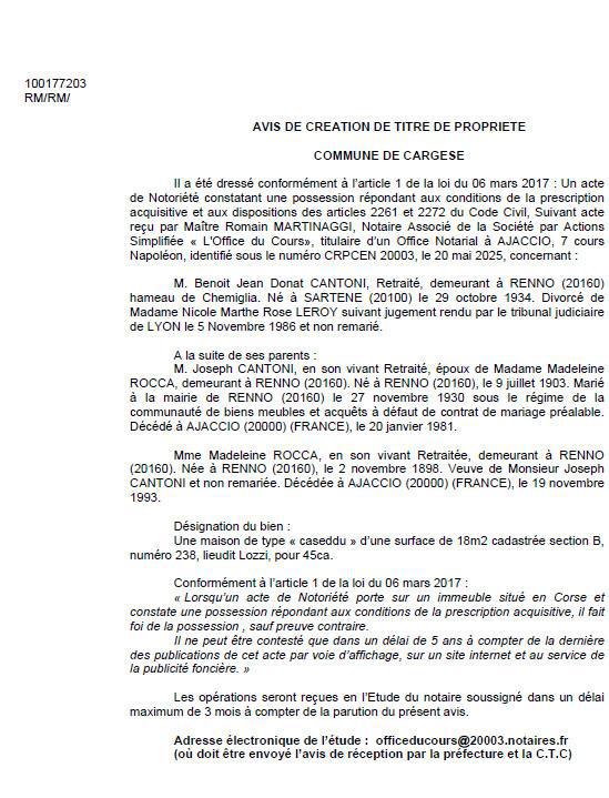 Avis de création de titre de propriété - Commune de Carghjese (Pumonti)