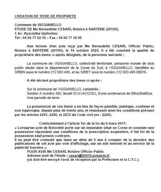 Avis de création de titre de propriété - Commune de Vighjaneddu (Pumonti)