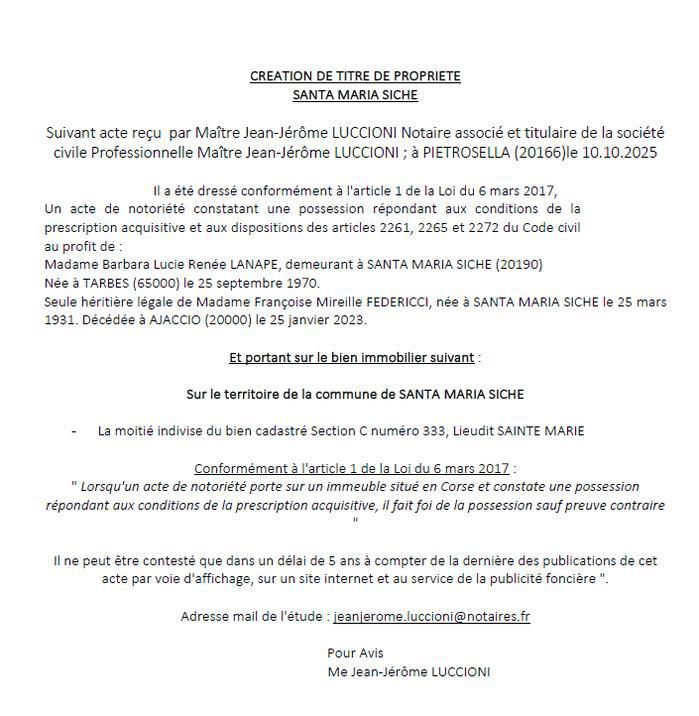 Avis de création de titre de propriété - Commune de Santa Maria Sichè (Pumonti) Avis de création de titre de propriété - Commune de Santa Maria Sichè (Pumonti)