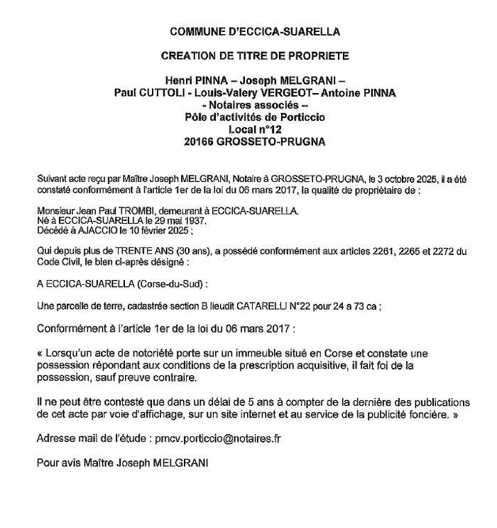 Avis de création de titre de propriété - Commune d'Eccica è Suaredda (Pumonti)
