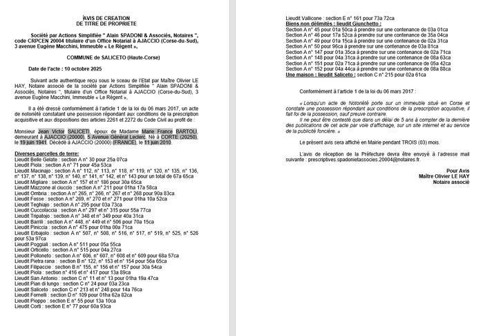 Avis de création de titre de propriété - Commune d'U Salgetu (Cismonte) Avis de création de titre de propriété - Commune d'U Salgetu (Cismonte)