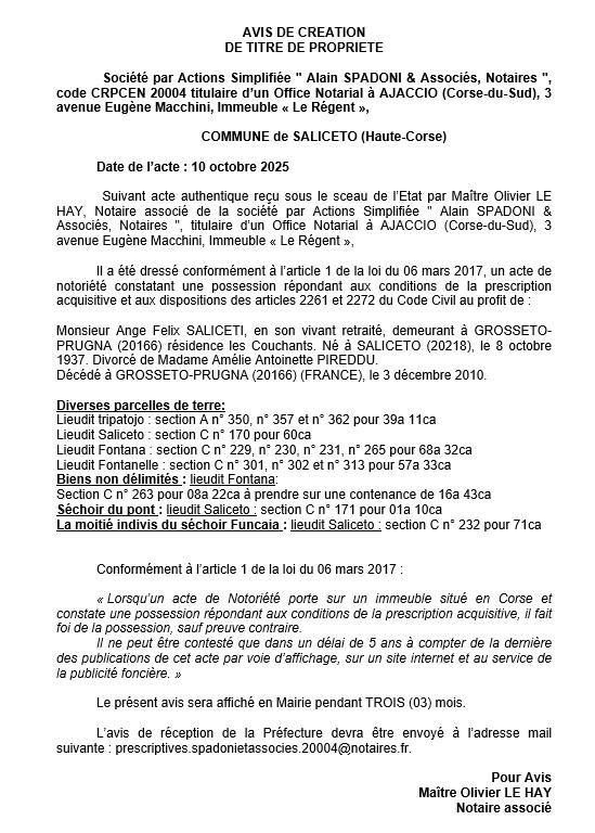 Avis de création de titre de propriété - Commune d'U Salgetu (Cismonte)