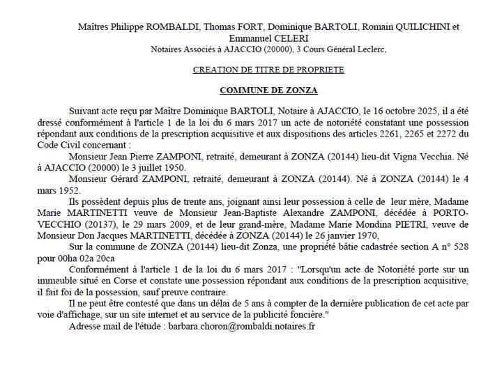 Avis de création de titre de propriété - Commune de Zonza (Pumonti)