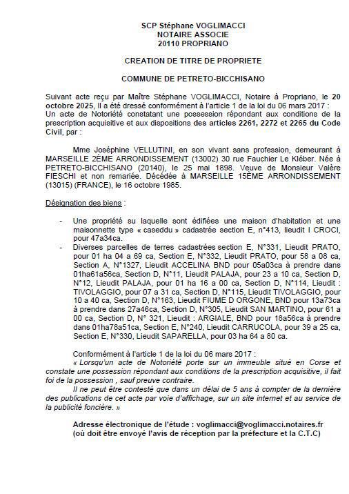 Avis de création de titre de propriété - Commune de Pitretu è Bicchisgià (Pumonti) Avis de création de titre de propriété - Commune de Pitretu è Bicchisgià (Pumonti)
