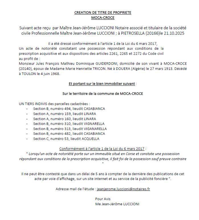 Avis de création de titre de propriété - Commune de Macà è a Croci (Pumonti) Avis de création de titre de propriété - Commune de Macà è a Croci (Pumonti)