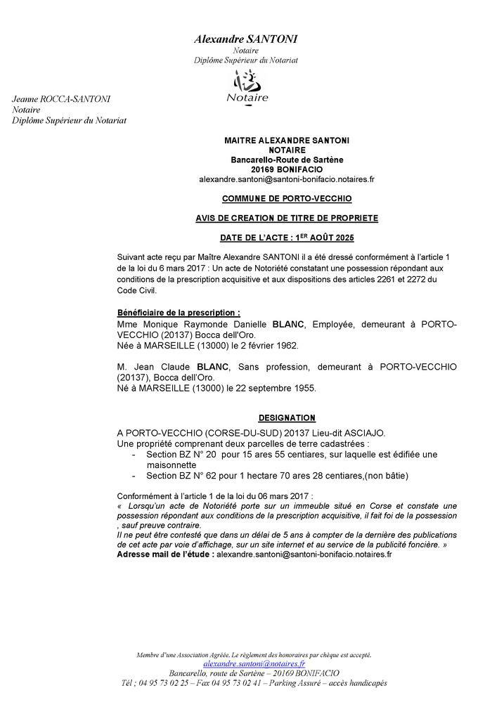 Avis de création de titre de propriété - Commune de Portivechju (Pumonti)