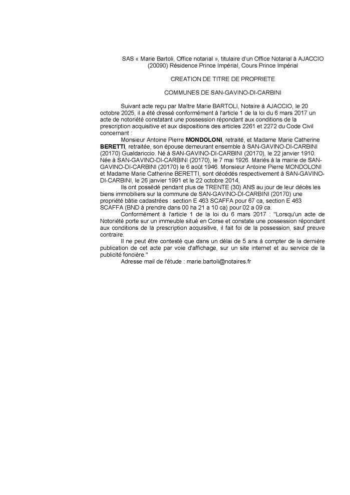 Avis de création de titre de propriété - Commune de San Gavinu di Carbini (Pumonti)