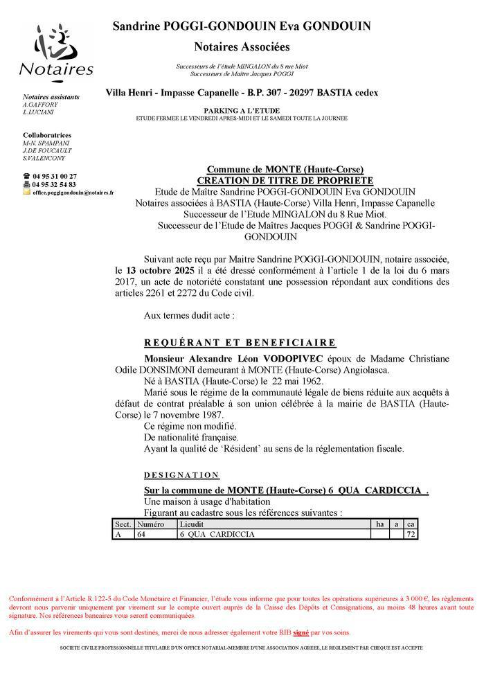 Avis de création de titre de propriété - Commune de Monte (Cismonte)