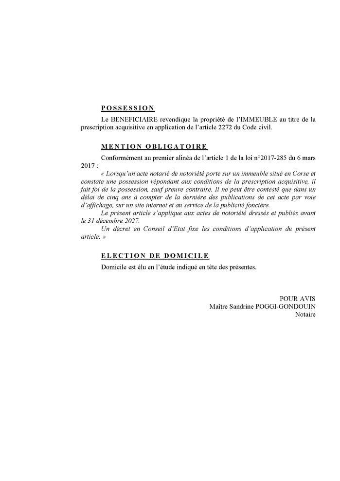 Avis de création de titre de propriété - Commune de Monte (Cismonte)