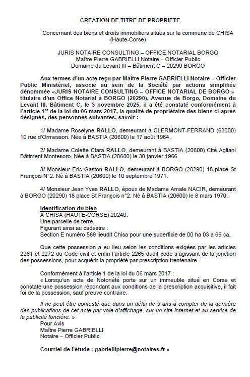 Avis de création de titre de propriété - Commune de Chisà (Pumonti)