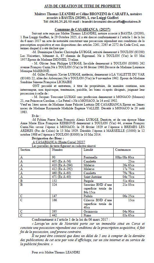 Avis de création de titre de propriété - Commune d'A Casabianca (Cismonte)