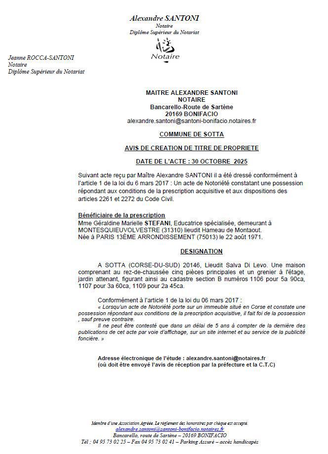 Avis de création de titre de propriété - Commune de Sotta (Pumonti)