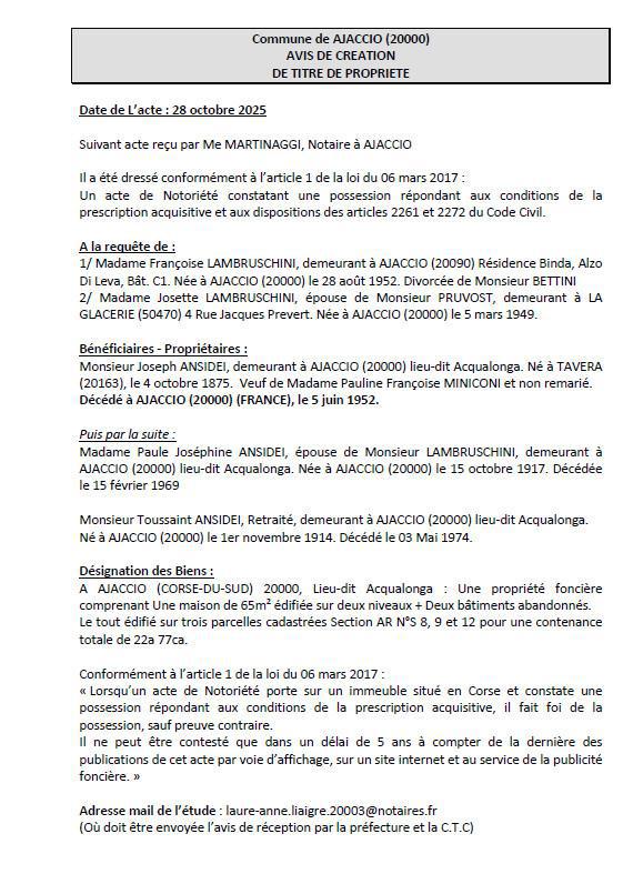 Avis de création de titre de propriété - Commune d'Aiacciu (Pumonti)