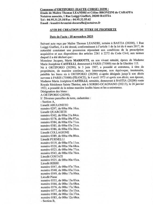 Avis de création de titre de propriété - Commune d'Ortiporiu (Cismonte)