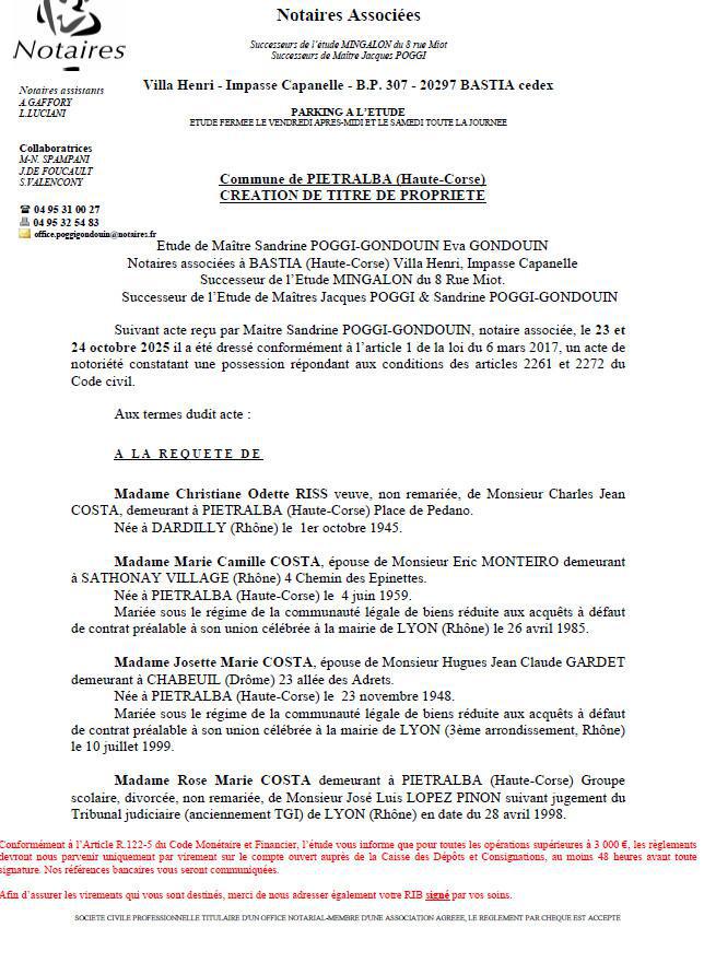 Avis de création de titre de propriété - Commune de Petralba (Cismonte)