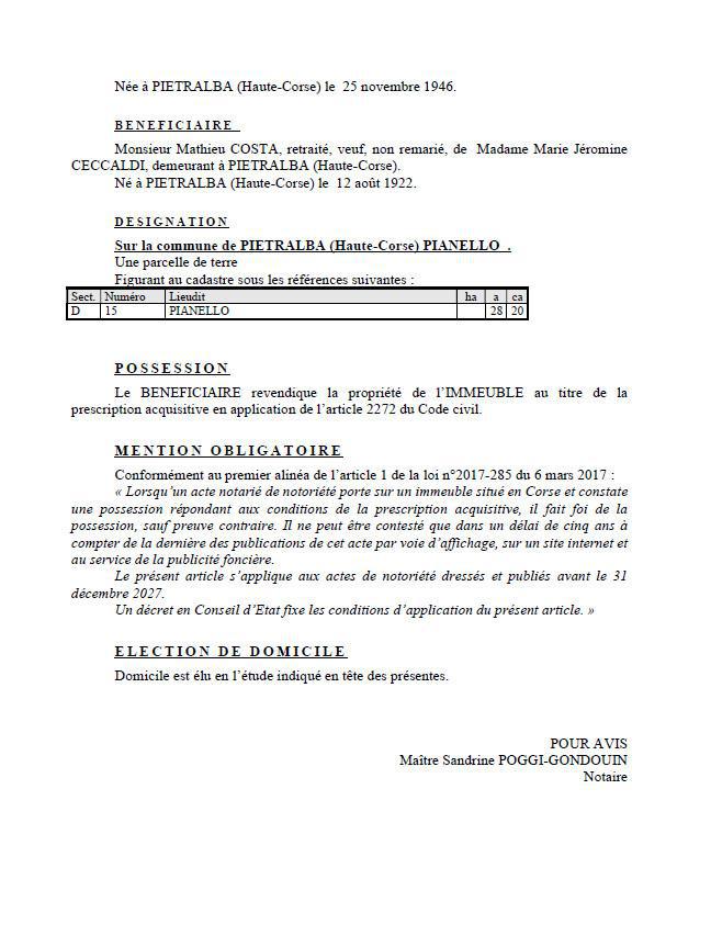 Avis de création de titre de propriété - Commune de Petralba (Cismonte)