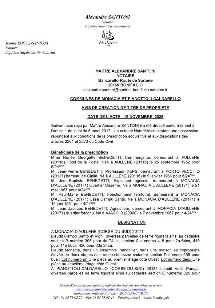 Avis de création de titre de propriété - Commune d'A Munacia d'Auddè et Pianottuli è Caldareddu (Pumonti)