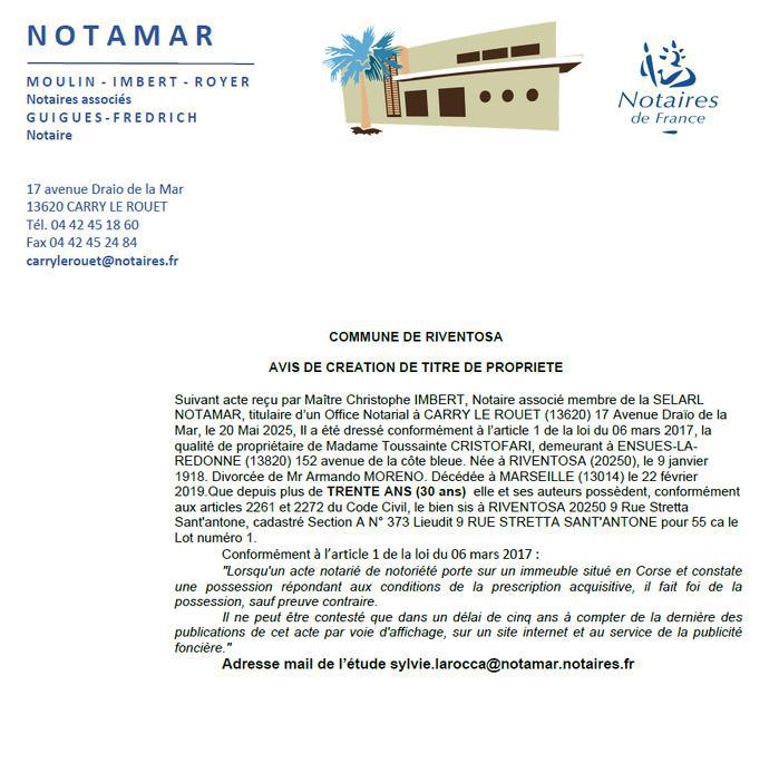 Avis de création de titre de propriété - Commune d'A Riventosa (Cismonte)
