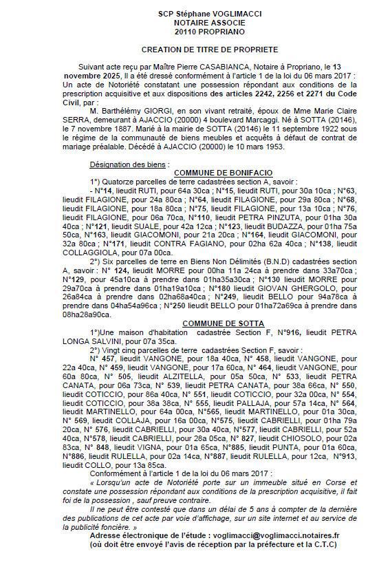 Avis de création de titre de propriété - Communes de Bonifaziu et Sotta (Pumonti)