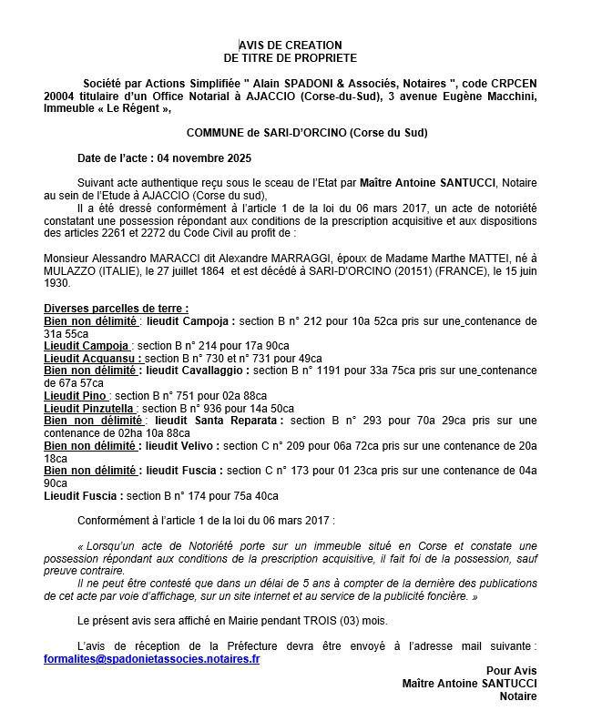 Avis de création de titre de propriété - Commune de Sari d'Urcinu (Pumonti)