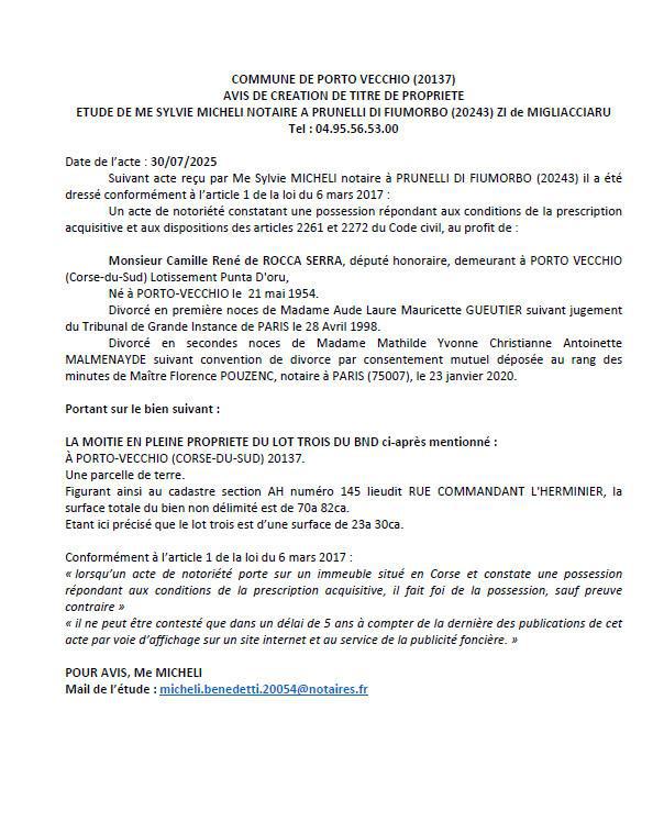 Avis de création de titre de propriété - Commune de Portivechju (Pumonti)