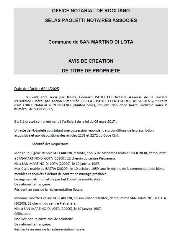 Avis de création de titre de propriété - Commune de San Martinu di Lota (Cismonte)