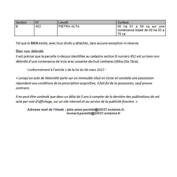 Avis de création de titre de propriété - Commune de San Martinu di Lota (Cismonte)
