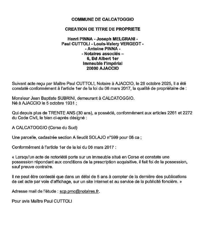 Avis de création de titre de propriété - Commune de Calcatoghju (Pumonti)