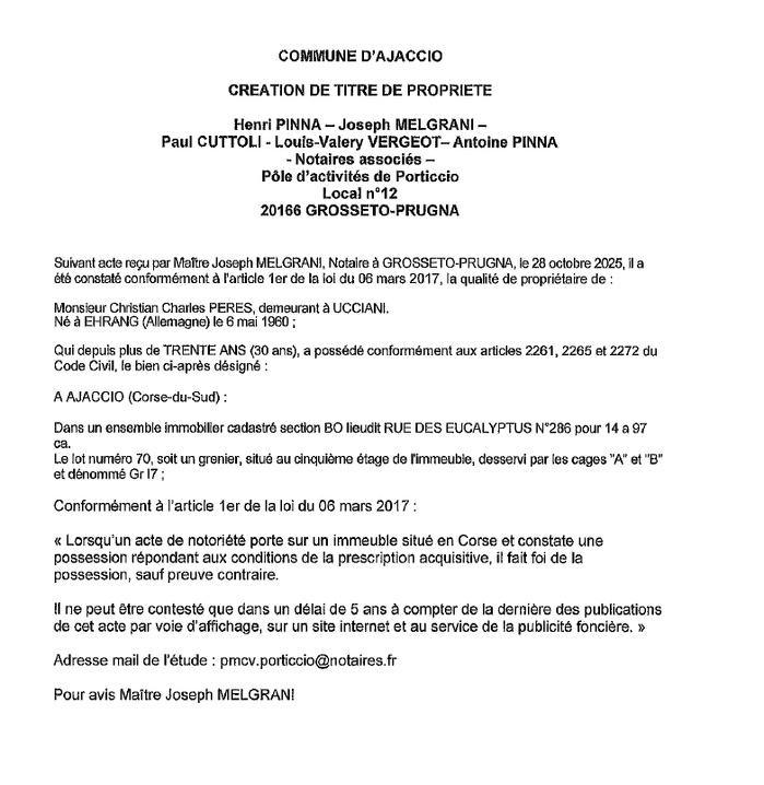 Avis de création de titre de propriété - Commune d'Aiacciu (Pumonti)