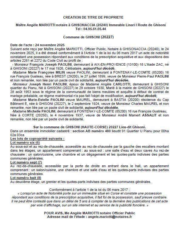 Avis de création de titre de propriété - Commune de Ghisoni (Cismonte)