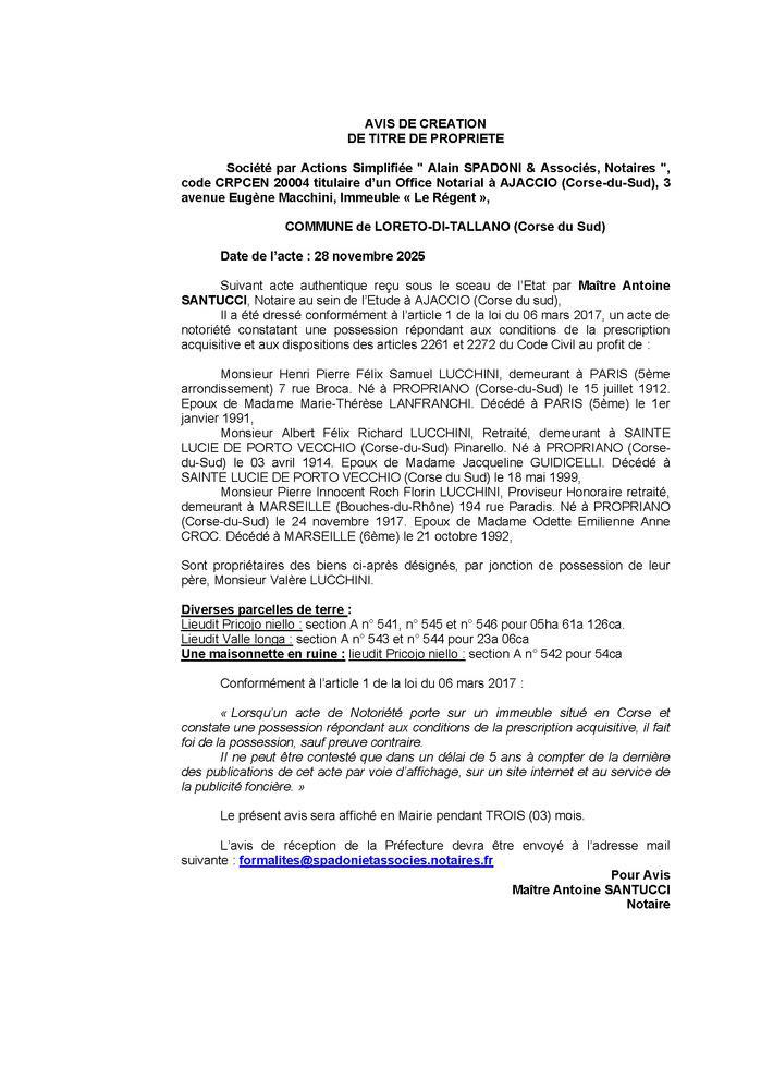 Avis de création de titre de propriété - Commune de Laretu d'Attallà (Pumonti)