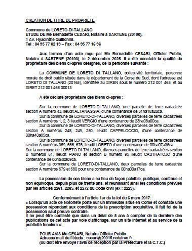 Avis de création de titre de propriété - Commune de Laretu d'Attallà (Pumonti)