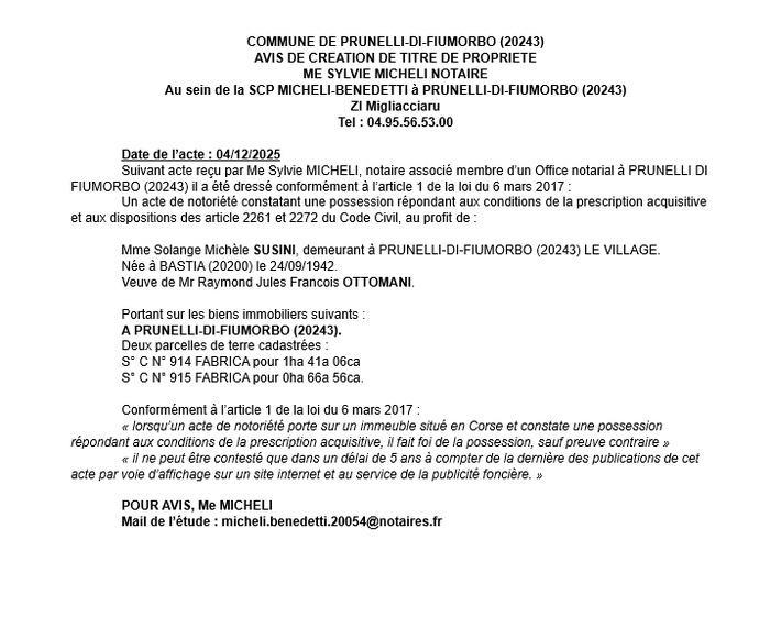 Avis de création de titre de propriété - Commune d'I Prunelli di Fiumorbu (Cismonte)