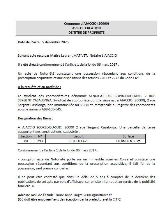 Avis de création de titre de propriété - Commune d'Aiacciu (Pumonti)