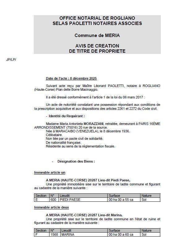 Avis de création de titre de propriété - Commune de Meria (Cismonte)