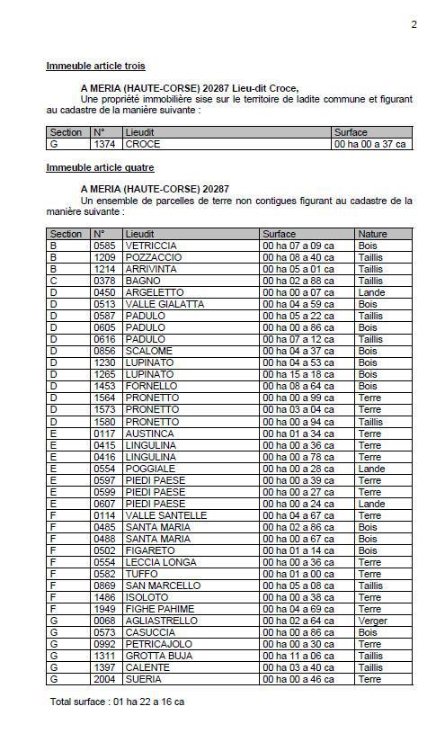 Avis de création de titre de propriété - Commune de Meria (Cismonte)
