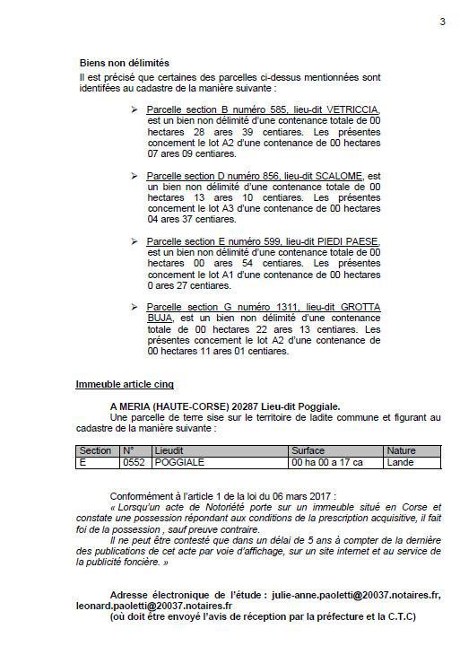 Avis de création de titre de propriété - Commune de Meria (Cismonte)