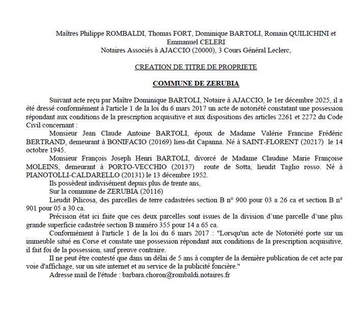 Avis de création de titre de propriété - Commune de Zirubia (Pumonti)