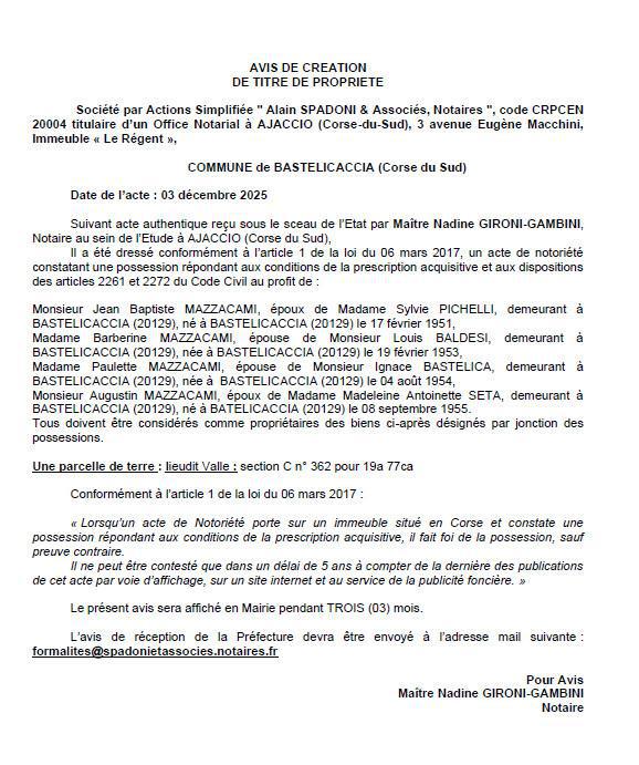 Avis de création de titre de propriété - Commune d'A Bastilicaccia (Pumonti)