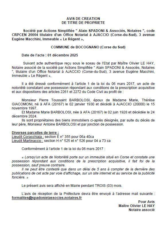 Avis de création de titre de propriété - Commune de Bucugnà (Pumonti)