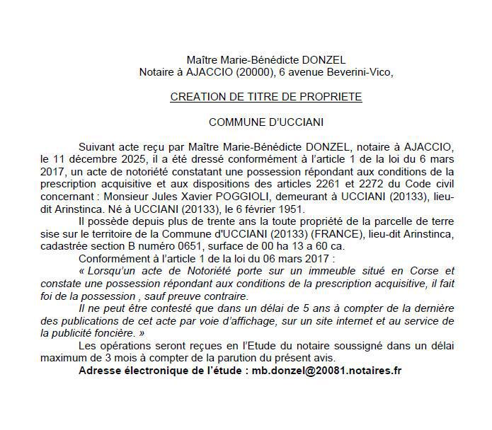 Avis de création de titre de propriété - Commune d'Aucciani (Pumonti)