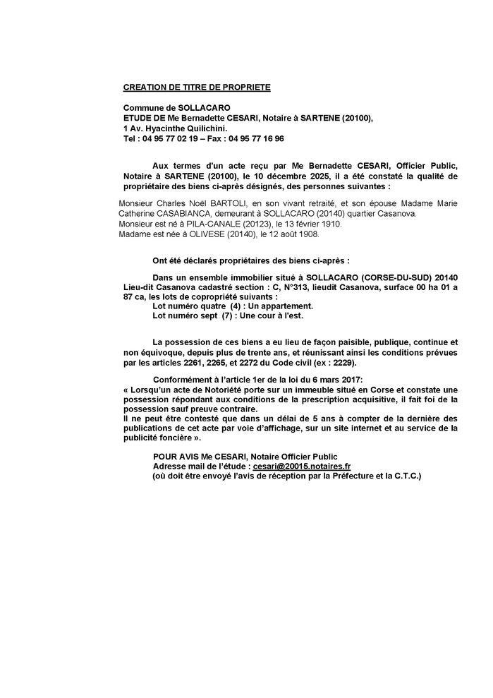 Avis de création de titre de propriété - Commune de Suddacarò (Pumonti)