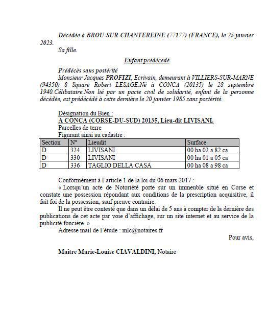 Avis de création de titre de propriété - Commune de Conca (Pumonti)