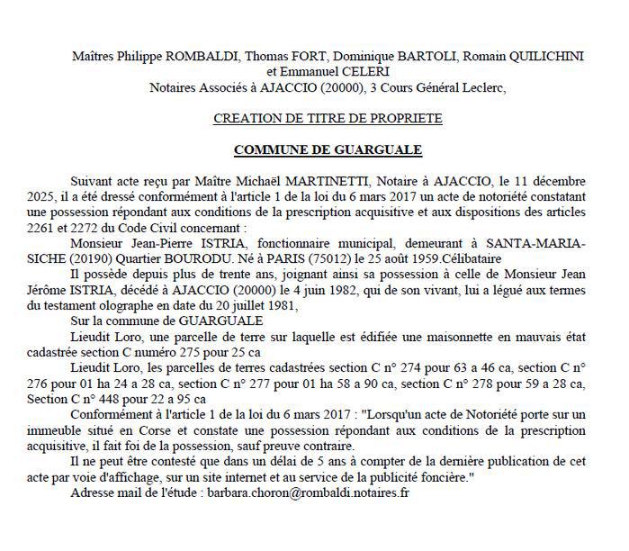 Avis de création de titre de propriété - Commune de Vargualè (Pumonti)
