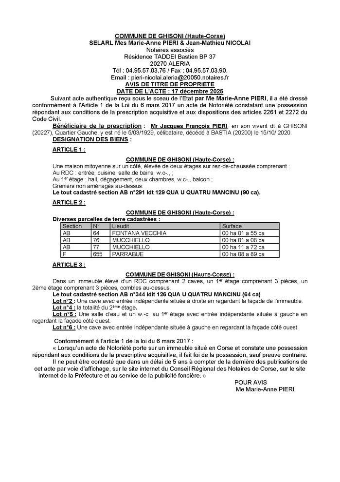 Avis de création de titre de propriété - Commune de Ghisoni (Cismonte)