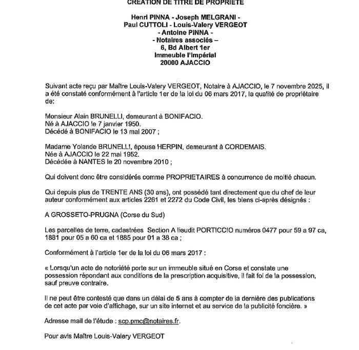 Avis de création de titre de propriété - Commune de Grussettu è Prugna (Pumonti)