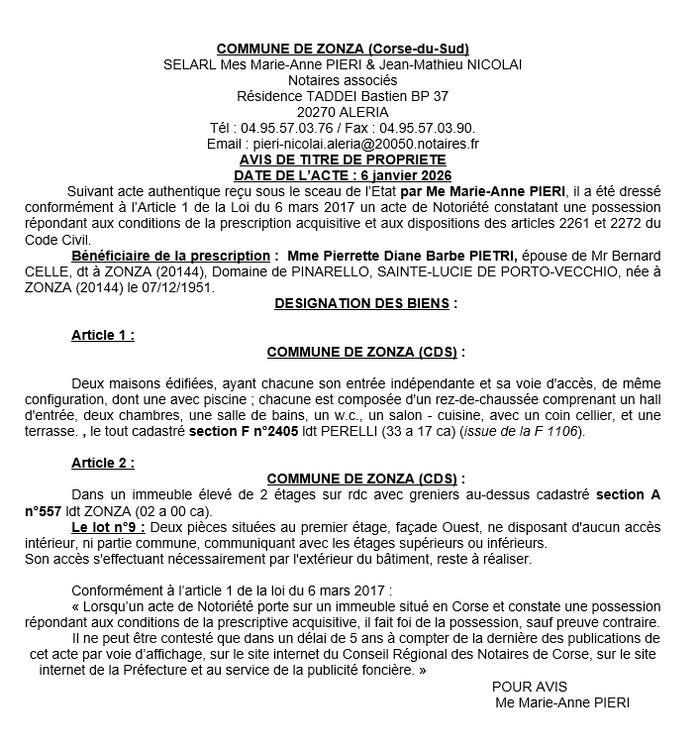 Avis de création de titre de propriété - Commune de Zonza (Pumonti)