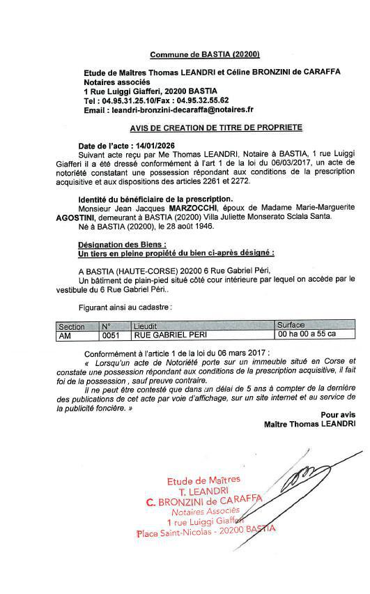 Avis de création de titre de propriété - Commune de Bastia (Cismonte)