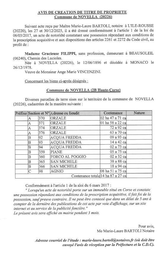 Avis de création de titre de propriété - Commune de Nuvella (Cismonte)