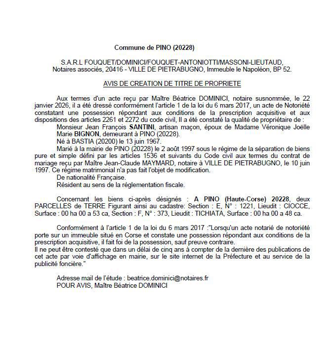 Avis de création de titre de propriété - Commune de Pinu (Cismonte)